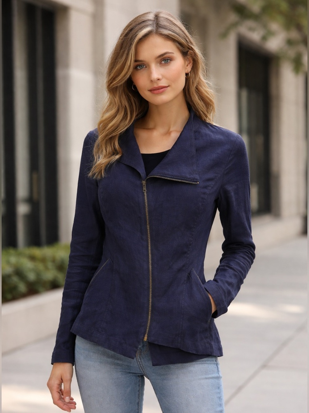 Amaryllis Blue Asymmetrical 100% Linen Jacket